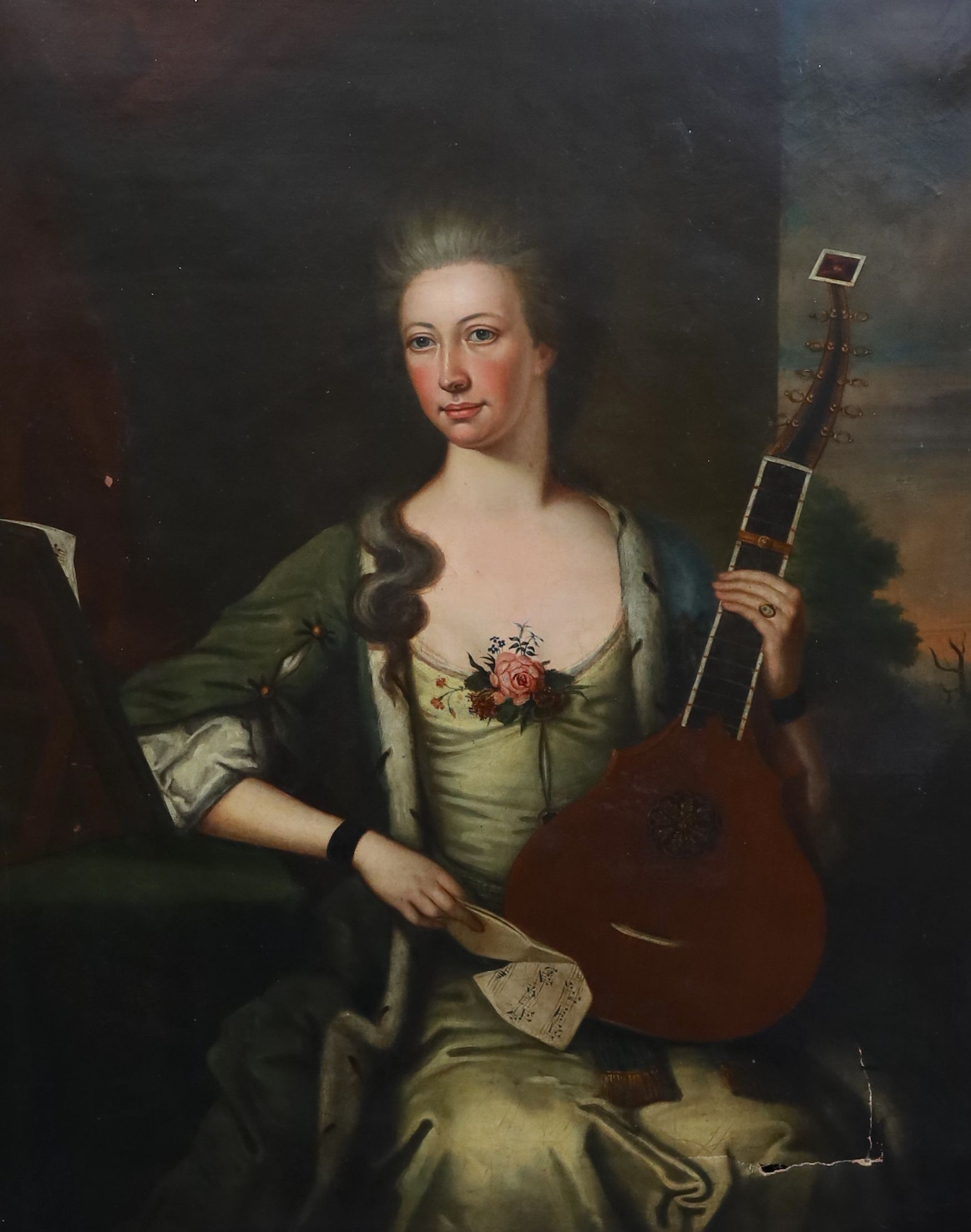 English School c.1770 , Three quarter length portraits of Mr and Mrs Peel, he seated at a table with a globe, she in a landscape holding citern, pair of oils on canvas, 125 x 100cm